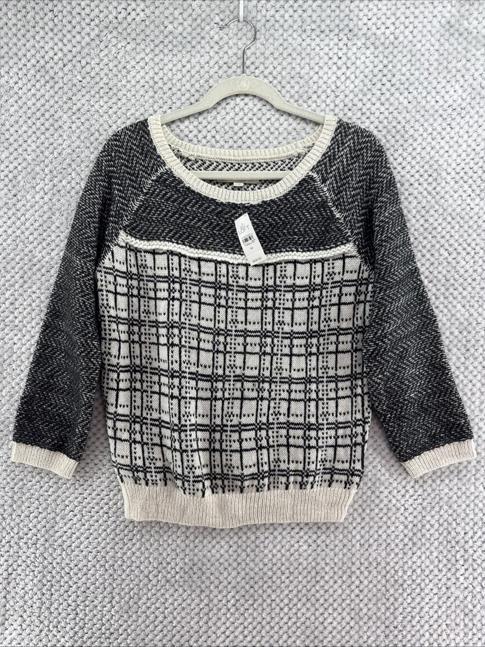 LOFT Sweater Womens M Black Cream Plaid Colorblock Alpaca Blend Scoop Neck New
